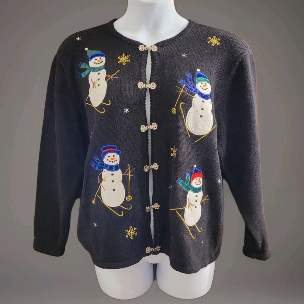 Vtg Crystal Kobe Black Christmas Holiday Sweater L Snowman Ornate Hooks Cardigan